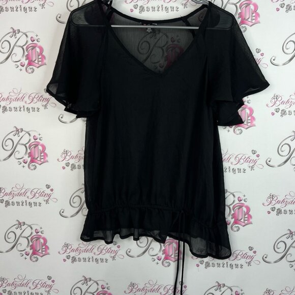 Guess tshirt tee ruffle details Black Sheer Blouse with Ruffle Hem - Picture 1 of 7
